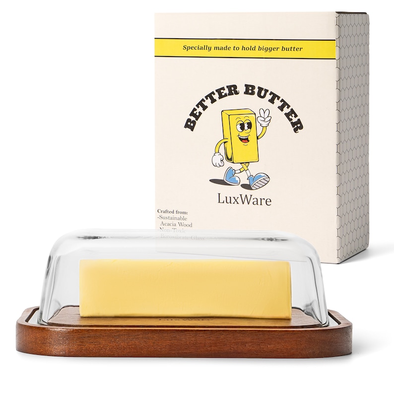Large Glass Butter Dish with Lid for Countertop, Butter Holder Fits Any Butter, Natural Acacia Wood Airtight Cover, Refrigerator Butter Tray image 7