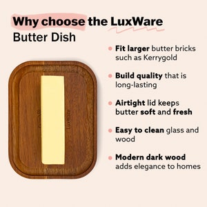 Large Glass Butter Dish with Lid for Countertop, Butter Holder Fits Any Butter, Natural Acacia Wood Airtight Cover, Refrigerator Butter Tray image 5