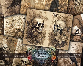Floral Skull Junk Journal, Vintage Junk Journal, Floral Skeleton Art, Halloween Junk Journal, Junk Journal Printable Pages, Autumn Art Print