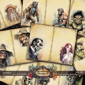Monströse Menagerie: Eine eindringliche Halloween Horde| Junk Journal Seiten| Halloween Aquarell Kunst| Digitales Sammelalbum| Klassische Monster