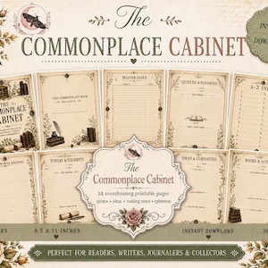 以下が含まれることがあります： The Commonplace Cabinetと題された印刷可能なジャーナルページのコレクション。ヴィンテージスタイルのクリーム色の紙に、本、羽ペン、花の茶色のインクイラストが描かれています。セットにはインデックスや引用のテンプレートが含まれています。