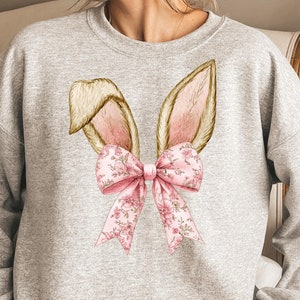 Cute Easter Bunny Shirt- Coquette Bunny Ears Sweatshirt , Aesthetic Soft Girl Spring Outfit, Rabbit Sweatshirt, Pastel Easter Gift for Women