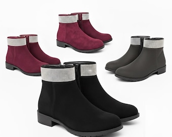 Ladies Ankle Boots Diamante Low Block Heel Faux Suede Flat Zip Shoes UK Sizes