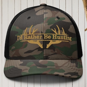 Embroidered Trucker Hat for Him,Hunting Embroidered Camo Trucker Hat - &quot;I&#39;d Rather Be Hunting&quot; Outdoors Cap, Gift for Him, Hunting Gear