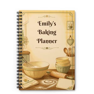 May include: A spiral-bound notebook titled Emily's Baking Planner, featuring a warm-toned illustration of a kitchen scene with a mixing bowl, a rolling pin, stacked bowls, a whisk, a wooden spoon, a floral cloth, and a blank note card.