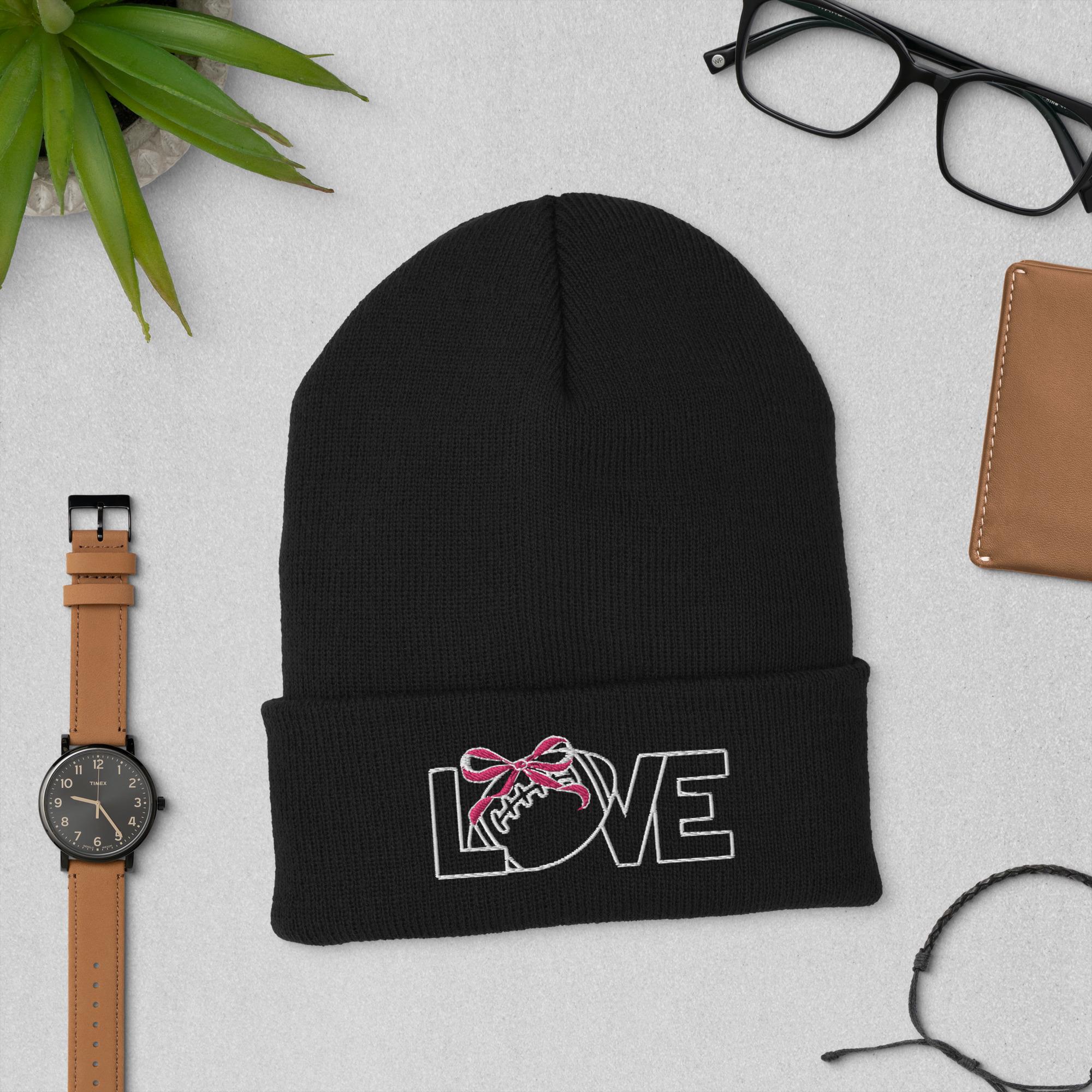Bestickte Fußballmütze, Love Football Beanie, Coquette & Football Beanie, Damen Fußballmütze, Mütze für Fußballliebhaber, Geschenk für Fußballmama