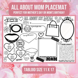 Tutto sulla mamma Tovaglietta da colorare Tovaglietta di carta per il brunch della festa della mamma Ricordo della mamma Attività per la cena di compleanno della mamma
