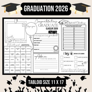 Może przedstawiać: Plansza do gry na przyjęcie z okazji ukończenia szkoły z napisem "Graduation 2026". Plansza zawiera sekcje z poradami, wyzwaniem alfabetycznym i grą "I Spy". Została zaprojektowana jako zabawna aktywność dla gości.
