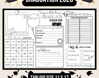 Peut inclure: Un jeu de société pour une fête de remise de diplômes avec le texte "Graduation 2026". Le tableau comprend des sections pour des conseils, un défi alphabétique et un jeu "I Spy". Il est conçu pour être une activité amusante pour les invités.