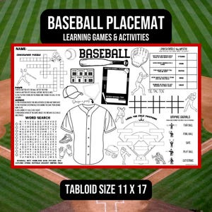 Mantel individual con actividades para colorear de béisbol Aprende béisbol Fiesta de cumpleaños Trivialidades deportivas Formación de equipos Actividades de viaje Cena en equipo Libro de actividades
