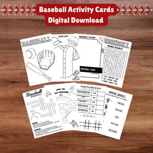 Tarjetas para colorear de béisbol, regalos de fiesta digitales de béisbol, curiosidades sobre béisbol, actividades de viaje para fomentar el espíritu de equipo