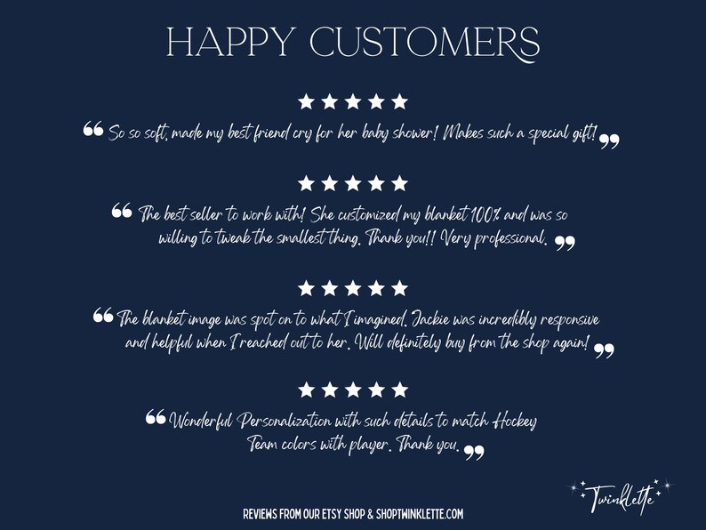 May include: A navy blue graphic with white text, including the words "HAPPY CUSTOMERS." The image features customer reviews with star ratings. Reviews mention a baby shower gift, customisation, and responsive service. The shop name is "Twinklette."