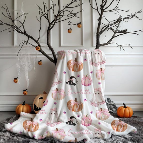 Pink Halloween Blanket: Coquette Bow, Girly Trick or Treat - Personalized