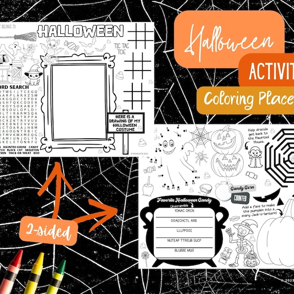 Halloween Coloring Placemat, Activity Sheets, Class Party, School Worksheets