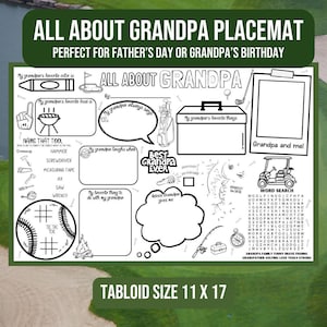 Tout sur grand-père à colorier napperon en papier pour le brunch de la fête des pères, carte d'activités souvenir grand-père, dîner d'anniversaire
