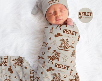 Personalized Cowboy Baby Blanket, Western Swaddle and Hat