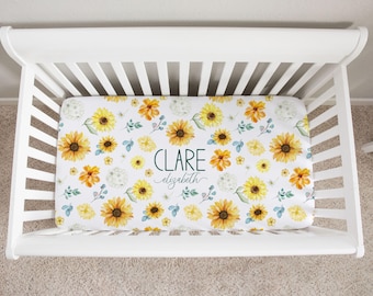 Sunflower Crib Sheet, Personalized Crib Bedding, Custom Floral Nursery