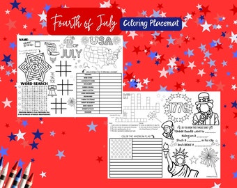 May include: A black and white printable coloring placemat with a Fourth of July theme. The placemat features a word search, tic-tac-toe, a crossword puzzle, and coloring pages of the American flag, Statue of Liberty, and fireworks. The placemat also includes the text "Fourth of July Coloring Placemat", "USA", "1776", and "Yankee Doodle went to..."