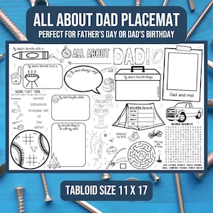 Napperon à colorier tout sur papa pour la fête des pères, brunch, napperon en papier Souvenir de papa, dîner d'anniversaire de papa, carte d'activités