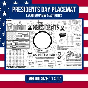 Puede incluir: Un mantel individual en blanco y negro con temática del Día de los Presidentes con actividades para niños. El mantel individual incluye una búsqueda de palabras, un crucigrama y una sección para colorear una imagen de la Casa Blanca. El mantel individual también incluye una sección para rodear todo lo relacionado con el presidente Washington en azul y todo lo relacionado con el presidente Lincoln en rojo. El mantel individual mide 11 pulgadas por 17 pulgadas.
