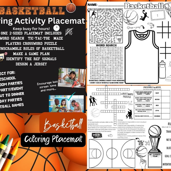 Basketball Coloring Activity Placemat - Fun and Learning Sport Digital Download