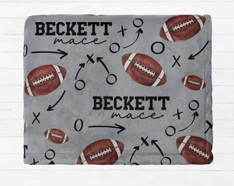 May include: A gray fleece blanket featuring a repeating pattern of brown footballs, black X and O symbols, and directional arrows. The text "BECKETT mace" is printed in black in two locations on the soft fabric surface of the blanket.