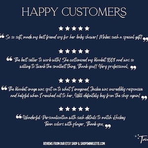 May include: Navy blue background with white text that reads "HAPPY CUSTOMERS." The image features customer reviews with star ratings. The reviews highlight the quality and customization of the products.