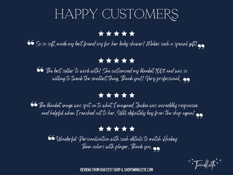 May include: Navy blue background with white text that reads "HAPPY CUSTOMERS." The image features customer reviews with star ratings. The reviews highlight the quality and customization of the products.
