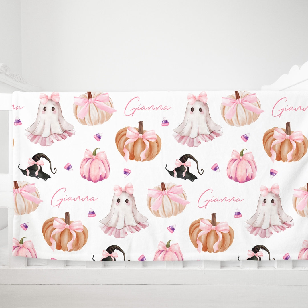 Coquette Bow Halloween Name Blanket - Girly Halloween - Little Girl Halloween Gift