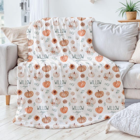 Personalized Fall Pumpkin Blanket, Autumn Porch Throw, Custom Name Baby & Kids Halloween Gift