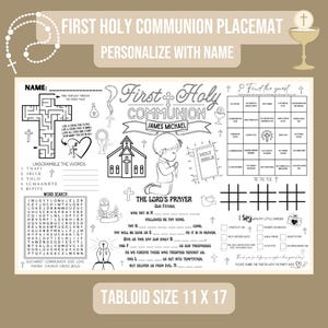 Kommunion Tischset, erste heilige Kommunion Spiele, personalisierte druckbare Aktivität, Religionsunterricht Glaubensbildungsklasse