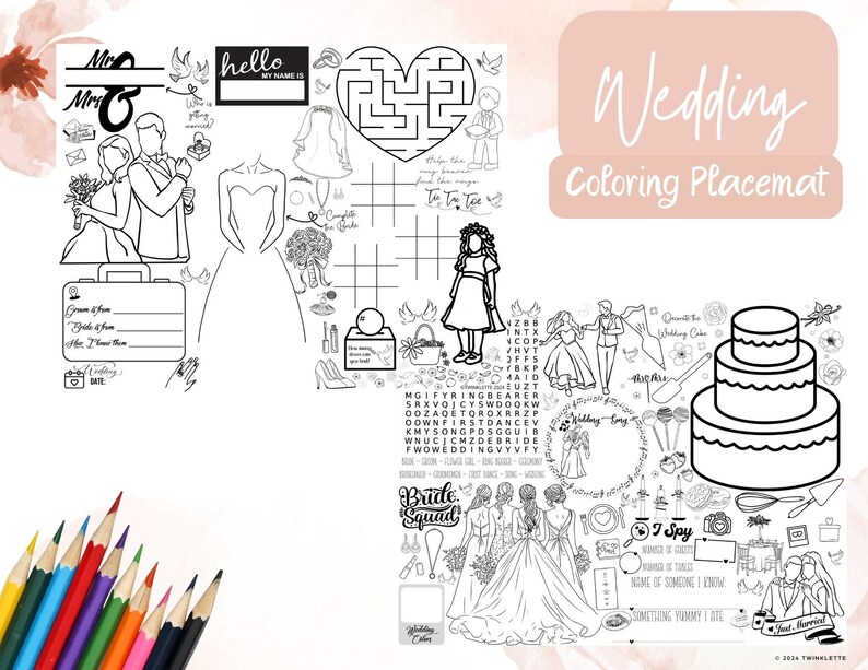 Wedding Day Coloring Placemat for Kids and Adults Keep Guests