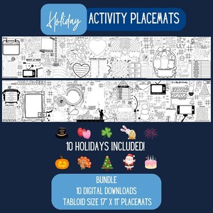 Holiday Coloring Activity Placemat Digital Download Bundle, 10 Festive Learning Activity Sheets, Christian School Party Favor, Kid Menu