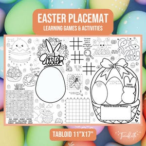 Tovaglietta per attività pasquali, colorazione pasquale, stampabile per il brunch pasquale, chiesa, lezione di educazione religiosa, ricerca di parole, tovaglietta di carta per bambini
