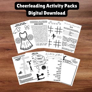Pode incluir: Um conjunto de folhas de atividades de cheerleading imprimíveis em preto e branco, incluindo uma pesquisa de palavras e uma palavra cruzada. As folhas apresentam gráficos e texto com temas de cheerleading. O texto na parte superior diz "Cheerleading Activity Packs Digital Download."