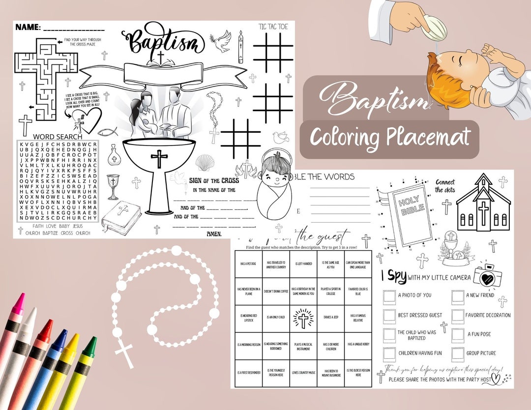 Baptism Activity Coloring Placemat - Games for Kids and Adults - Bingo ...