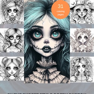 Puede incluir: Una colección de ilustraciones al estilo de Tim Burton, con retratos de mujeres de inspiración gótica con ojos grandes y rasgos distintivos. La imagen incluye el texto "31 coloring pages" y "IN THE PUREST STYLE OF TIM BURTON".
