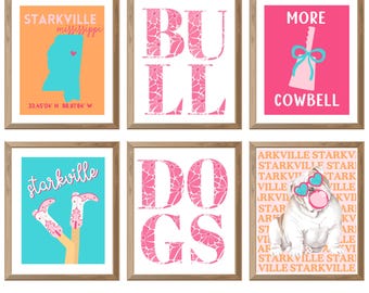 Mississippi State Inspired Collegiate  Dorm Prints - Pink and orange Dorm Art NINE images