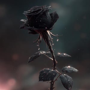 Op de afbeelding: Een close-up van een zwarte roos met waterdruppels. De donkere stengel heeft doorns en de bladeren zijn donkergroen. De wazige achtergrond toont roze en groene tinten.