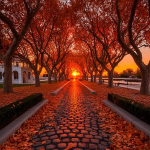Könnte beinhalten: Ein Kopfsteinpflasterweg, gesäumt von Bäumen in leuchtenden Herbstfarben, führt auf einen strahlenden Sonnenuntergang zu. Die Bäume bilden einen Bogen, mit abgefallenen Blättern auf dem Boden. Ein Gebäude ist links zu sehen.