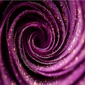 May include: A close-up of a swirling, abstract design in shades of purple. The image features a spiral pattern with layers of petals, dusted with sparkling gold glitter. The center is dark, creating depth.