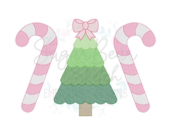 Scallop Christmas Tree w Bow & Candy Canes - Sketch Fill, Winter Holiday Christmas Trio TIAR | Machine Embroidery Design - INSTANT DOWNLOAD