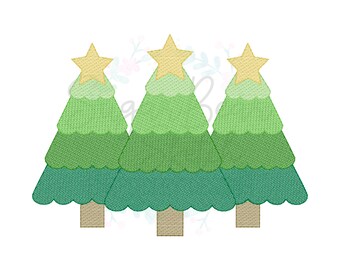 Scallop Christmas Tree w Star Trio - Sketch Fill, Winter Holiday Scallop Christmas Trio TIAR | Machine Embroidery Design - INSTANT DOWNLOAD