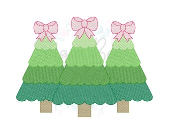 Scallop Christmas Tree w Bow Trio - Sketch Fill, Winter Holiday Scalloped Christmas Trio TIAR | Machine Embroidery Design - INSTANT DOWNLOAD
