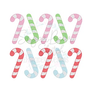 May include: Nine candy cane embroidery designs in various colors, including pink, green, red, and blue. The candy canes are striped with white.