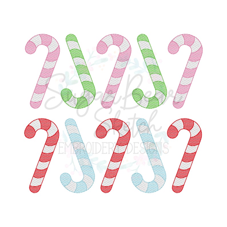 May include: Nine candy cane embroidery designs in various colors, including pink, green, red, and blue. The candy canes are striped with white.