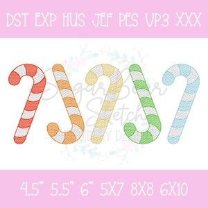 May include: Set of four candy cane embroidery designs in various colors, including red, orange, yellow, green, and blue. The designs are available in sizes 4.5 inches, 5.5 inches, 6 inches, 5x7 inches, 8x8 inches, and 6x10 inches.