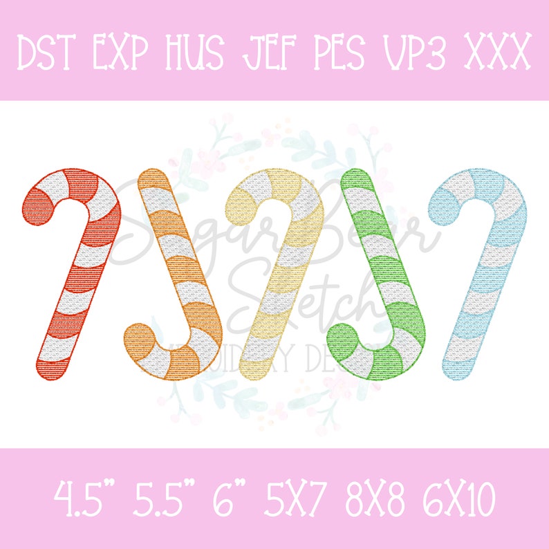 May include: Set of four candy cane embroidery designs in various colors, including red, orange, yellow, green, and blue. The designs are available in sizes 4.5 inches, 5.5 inches, 6 inches, 5x7 inches, 8x8 inches, and 6x10 inches.