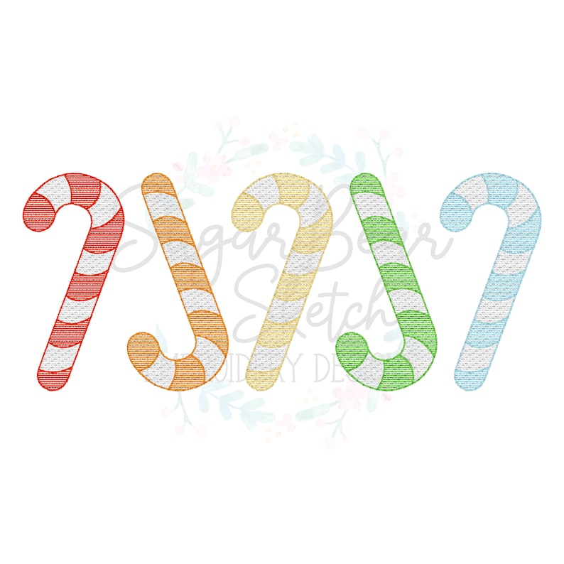 May include: Four candy canes in different colors: red and white, orange and white, yellow and white, and green and white.