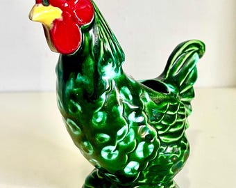 Antieke of vintage Riddell California-aardewerk groene keramische haan kip boerderij plantenbak